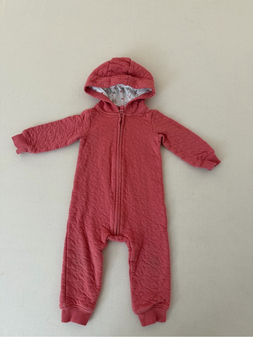 Baby Hooded Quilted One-Piece Romper - Coral